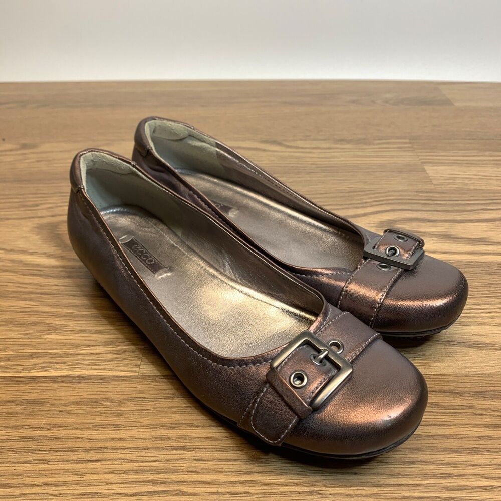 Ecco Women Metallic Rose Gold Leather Comfort Flats Slip On Shoes Size 39 US 8